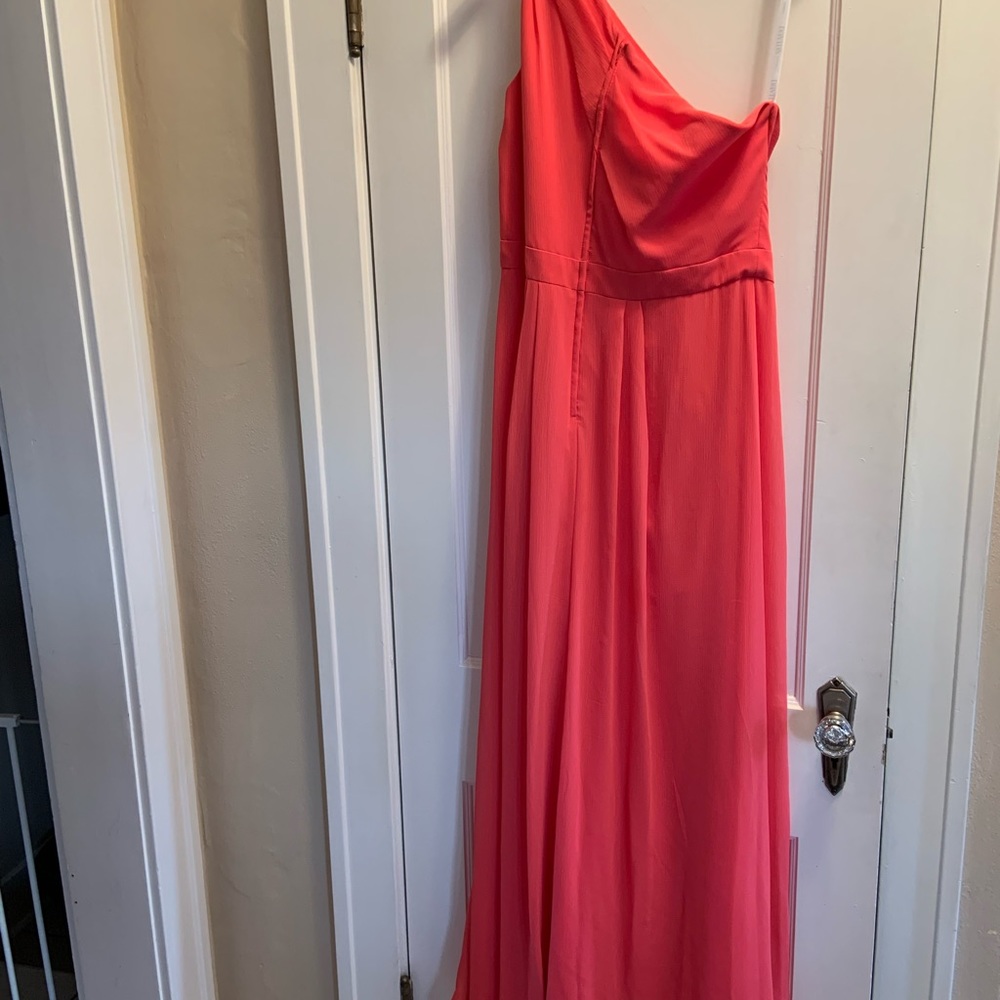 David’s Bridal bridesmaid one shoulder dress. Coral color, size 14.